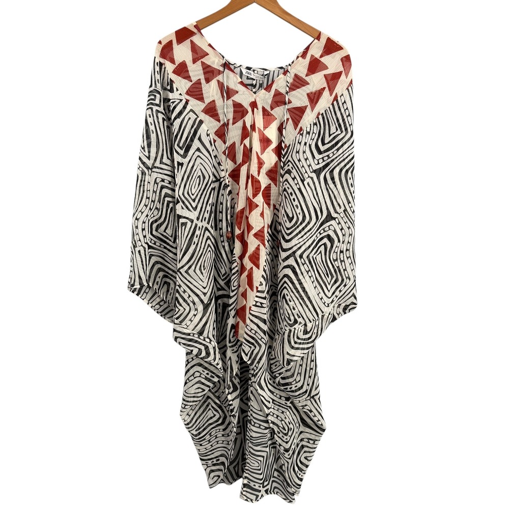 Zara Black & White Midi Dress with Red Geometric Yoke